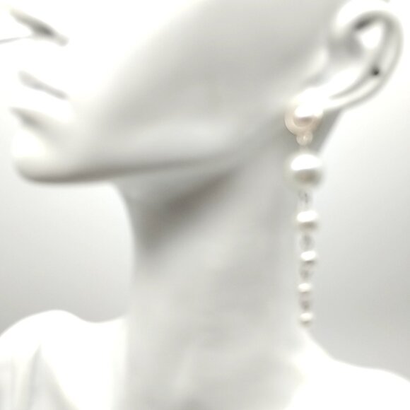 Long Faux Pearl Drop Dangle Earrings Silver Tone Chain Statement - Picture 9 of 11